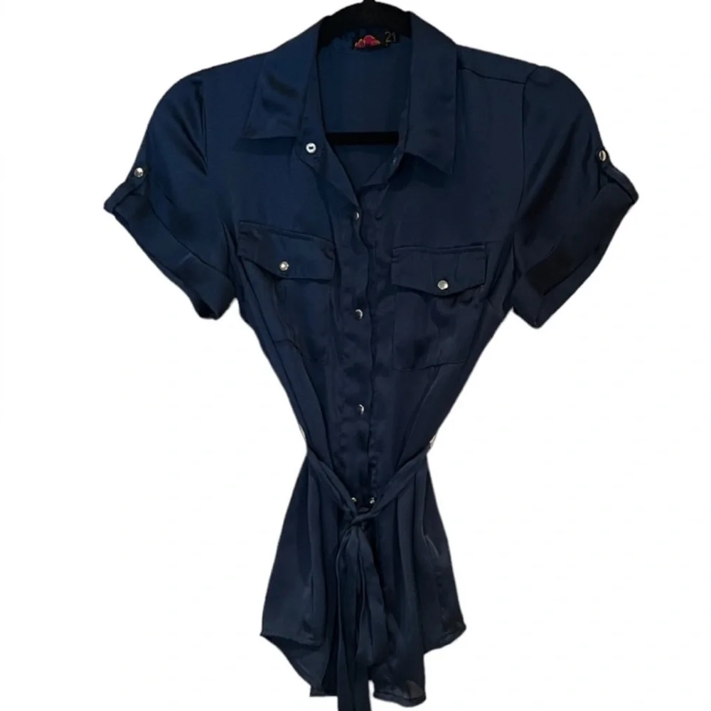 21 Slate blue satin feel snap front Top with belt Women's Button-Up Blouse - Picture 3 of 7